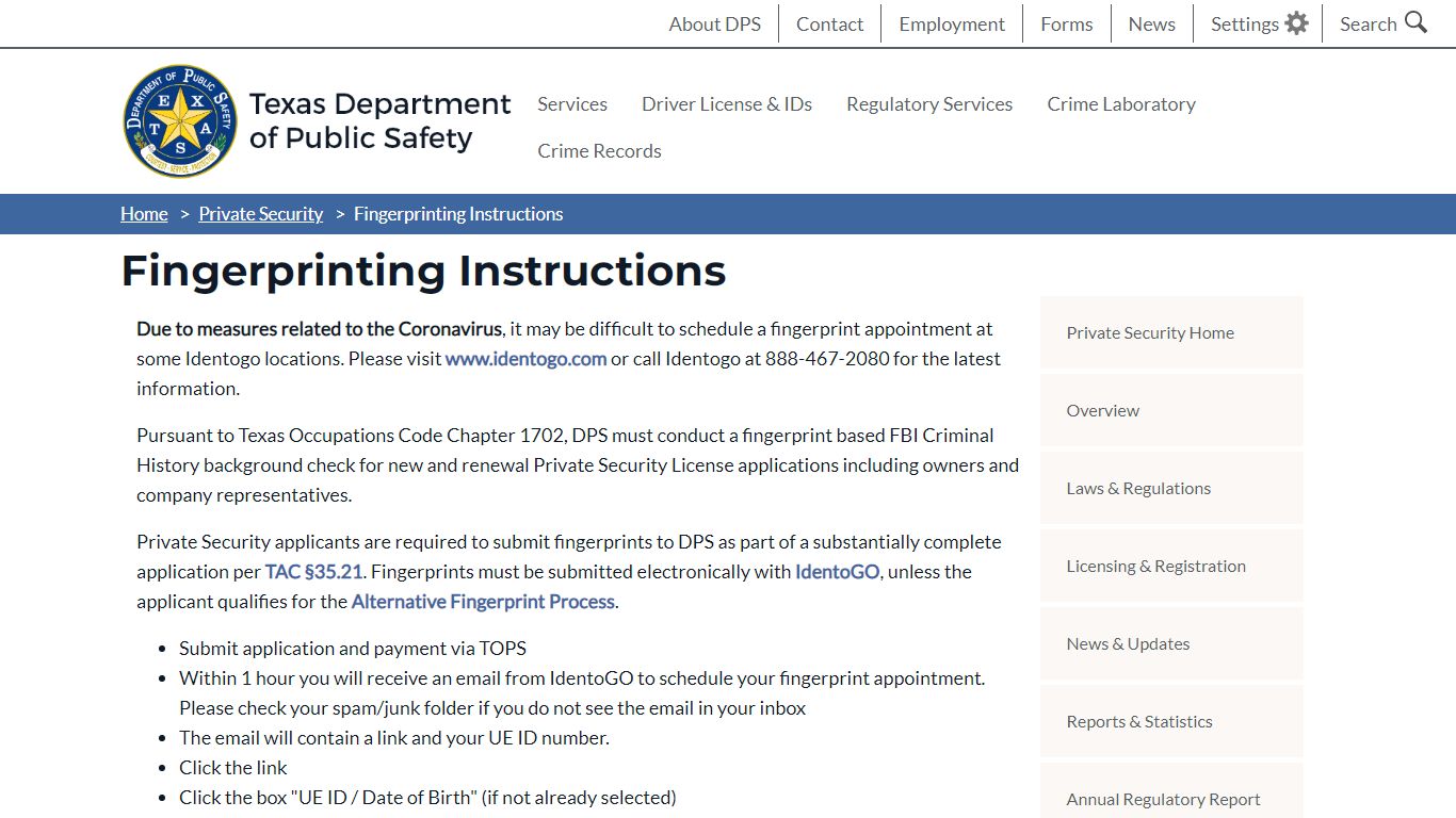 Fingerprinting Instructions | Department of Public Safety